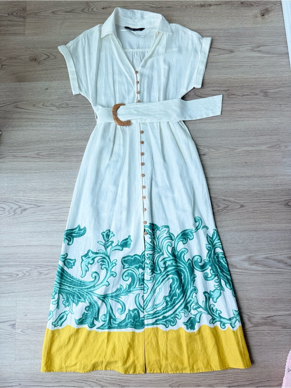Linen Zara Cream Maxi Shirt Dress with Teal Scroll Print and Yellow Hem